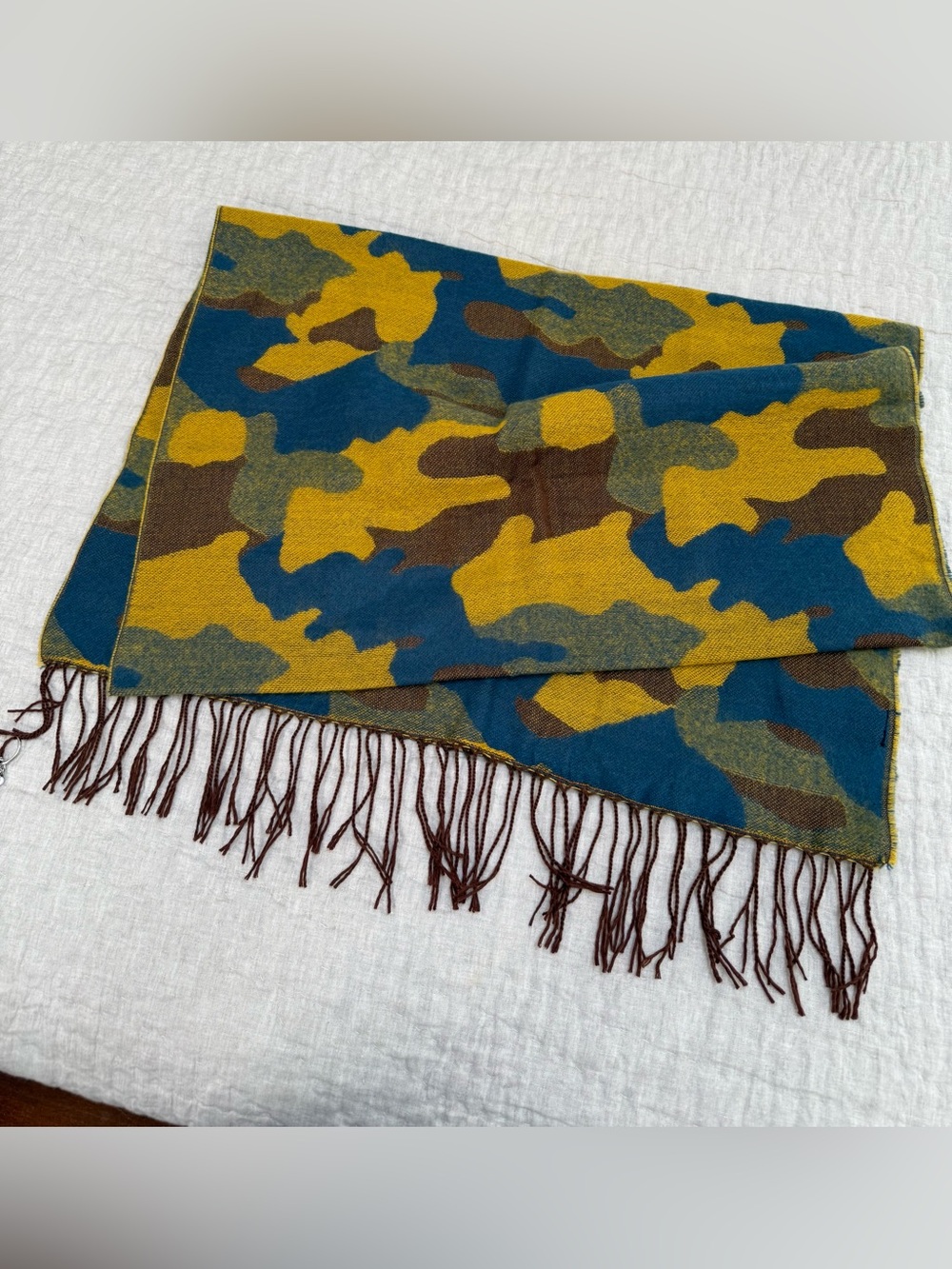 Camouflage Fringe Scarf or Wrap Blue, Mustard & Olive 2 ft x 6 ft Poly Blend EUC